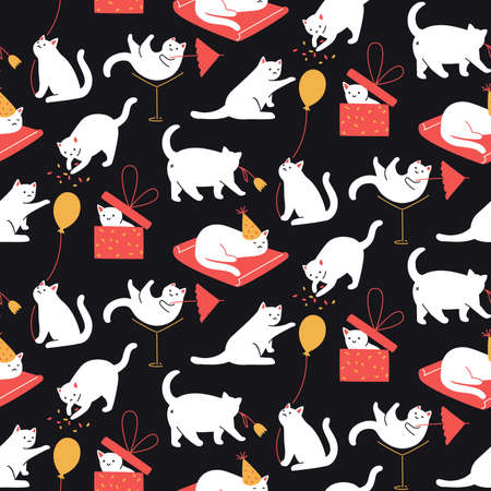 Cats party pattern, seamless background. Kitties playing, hiding in gift box, having fun. Wrapping paper design.のイラスト素材