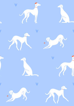 Grayhound in different poses, dog silhouettes on blue background. Romantic seamless pattern, french style texture. Elegant dogs on datingsのイラスト素材