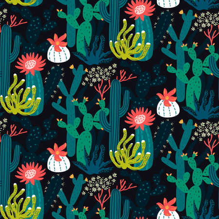 Cactus and succulent pattern, seamless texture for fabric, paper print, apparel design. Cute summer cacti vector background.のイラスト素材