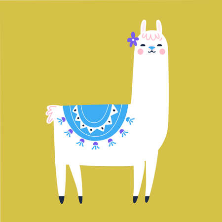 Llama cartoon character. Traditional tassel and flower decoration. Cute lama illustration.のイラスト素材