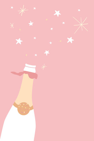 Open bottle of sparkling wine, stars and sparkles on pink background with copyspace. Vector illustration for party invitation, congratulations greeting card, event banner designのイラスト素材