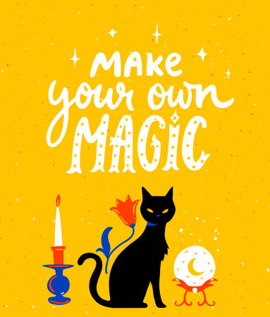 Make your own magic inspirational quote poster. Black cat, candle and fortune telling crystall ball. Modern witchcraft illustrationのイラスト素材