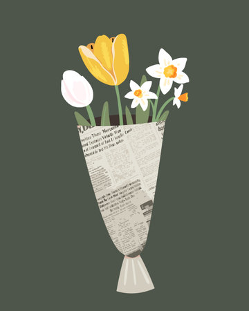 Spring flowers bouquet in newspaper. Tulips and daffodils greeting card for international women day.のイラスト素材