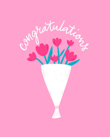 Congratulations flowers greeting card, bouquet illustration with curly handwritten text on pink background. Birthday card design, mothers day artのイラスト素材