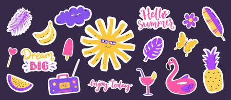 Summer stickers set, bold colorful illustration of sun, flamingo swimming trunk, tropic leaves and inspirational quotes. Retro patches design elements.のイラスト素材