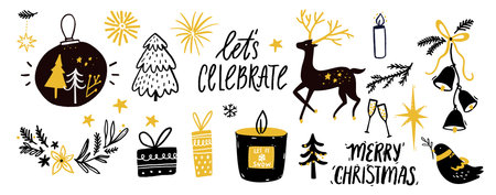 Christmas vector illustrations isolated on white banner. Black deer silhouette, hand drawn decoration, candles and Christmas tree. Gift boxes, hanging bells and lettering text lets celebrate.のイラスト素材