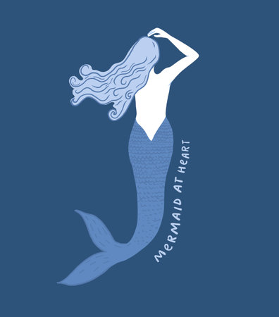 Blue mermaid illustration, woman with beautiful hair and tail. Sea summer print design, inspirational quote mermaid at heart. Vector nautical artのイラスト素材