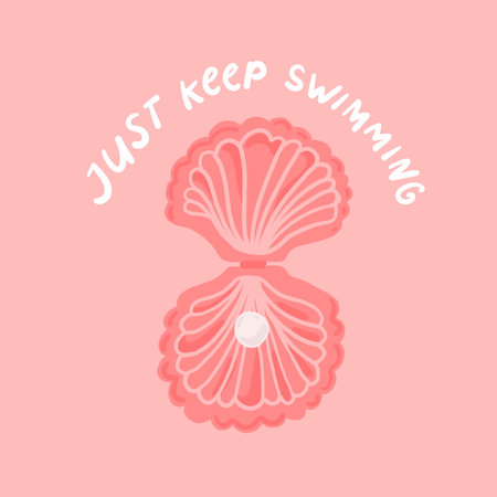 Just keep swimming. Shell illustration and typography, inspirational ocean print for t-shirt, apparel design, posters. Beach hand drawn vectorのイラスト素材