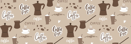 Coffee pattern, repeat background wallpaper, package paper. Moka pot, coffee cups, handwritten words and quotes. Brown vector textureのイラスト素材