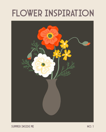 Floral poster, poppies and wild flowers bouquet in vase. Vintage magazine cover style, fashion print vector design.のイラスト素材
