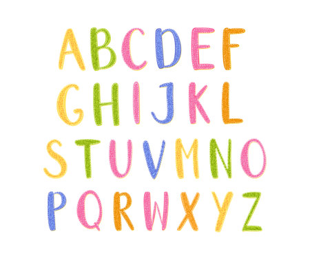 Kids alphabet, large capital decorated English letters isolated on white background. Nursery poster, educational vector setのイラスト素材