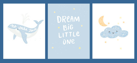 Nursery posters set, no wake zone text on whale illustration, dream big little one quote, cute cloud and moon on white and blue background. Simple vector kids artのイラスト素材