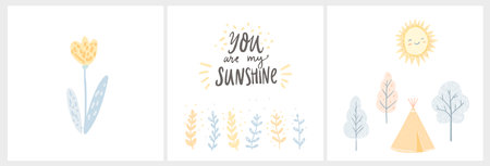 Warm nursery illustrations, you are my sunshine quote, little flower and tipi with trees and sun. Gende neutral vector posters.のイラスト素材
