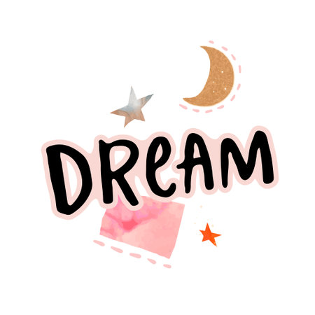Dream word, handwritten lettering and paper cut collage elements isolated on white background. Vector print designのイラスト素材