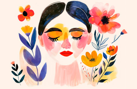 Calm woman portrait decorated with flowers. Watercolor painting, simple loose sketchy style. International women day 8 march greeting card.の素材