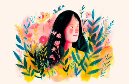 Happy calm smiling young woman illustration in flowers and branches, illustration for international women day, female mental health conceptの素材