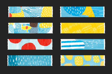 Textured paper tape set, modern watercolor sticky masking strips, abstract geometry patterns and japanese motif for collages. Dots, lines of blue, yellow and red color.のイラスト素材