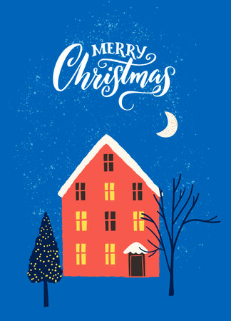 Red house in Christmas city, winter night snow scene, tree and spruce, moon in the sky. Magical greeting card illustration, seasonal greetings posterのイラスト素材