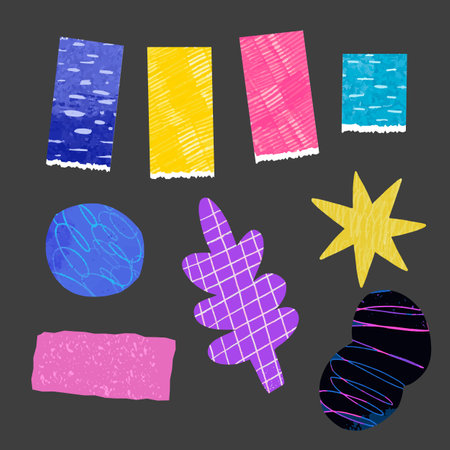 Colorful tapes and stickers, scrapbooking and journal elements. Bold funky design on dark background, different shapesのイラスト素材