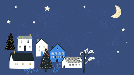 Winter town, Christmas greeting banner background, small houses and tiny cabins, night blue sky with golden stars and moonのイラスト素材