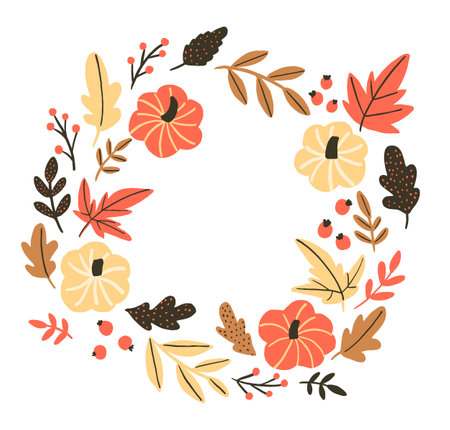 Autumn wreath of pumpkins and fall leaf as oak brown leaves, red maple tree, berries. Nature round frameのイラスト素材