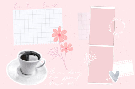 Journal paper collage, vintage photo strips frame, post notes, halftone cutout cup of coffee. Pastel pink mood board vector template.のイラスト素材