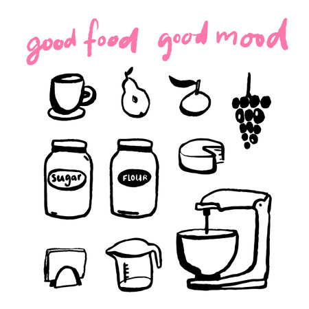 Hand drawn kitchen food doodles, mixer, jars, fruits and pink handwritten quote good food mood on white background. Vector template of utencils and products illustration setのイラスト素材