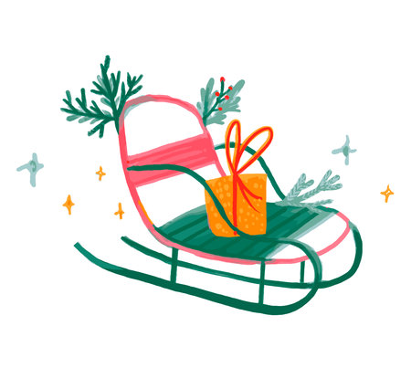 Christmas sledge with gift, greeting card hand drawn illustrationのイラスト素材