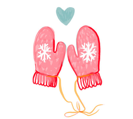 Knitted red mittens watercolor illustration, hand drawn snowflakes, cozy winter drawingのイラスト素材