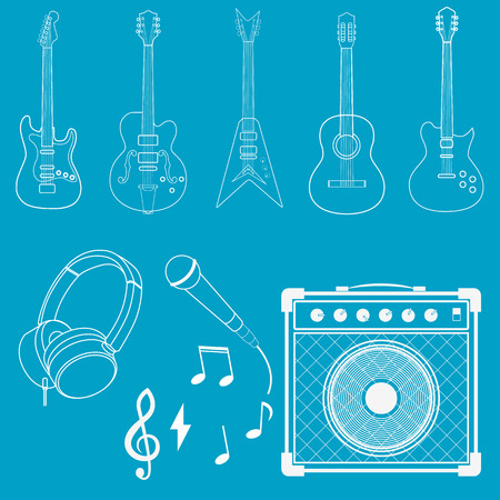 guitar, microphone,headphones and amplifier.Set of design elements in vectorのイラスト素材