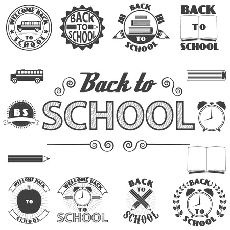 Back to School Design Collection. A Set of Dark Colored Vintage Style Back to School Designs on Light Backgroundのイラスト素材