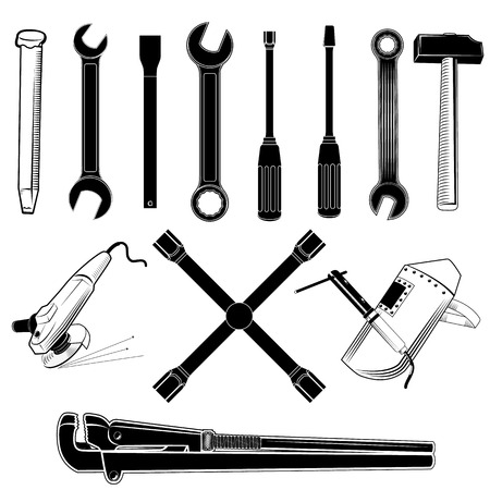 Set silhouettes of tools. Open-end wrench, adjustable wrench, spanner, hammerのイラスト素材