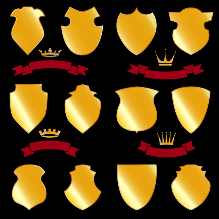 Set of shields,ribbons and crowns in gold style. heraldic design logo template in vector.のイラスト素材