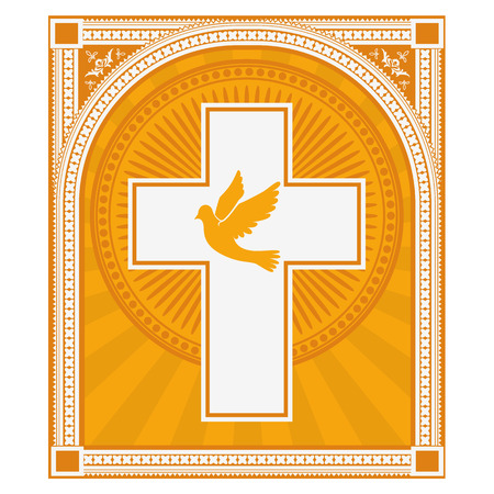 dove and a cross on a light gold background. Religion. Vector illustration.のイラスト素材