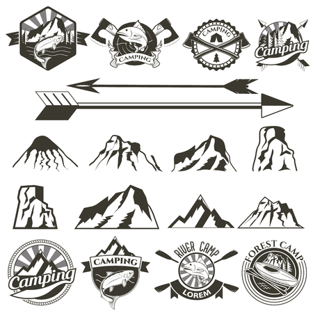 Set of camping retro vintage badges and label logo graphics. Set of vector mountains.のイラスト素材