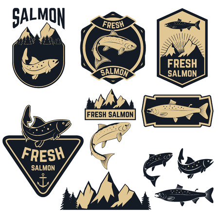 Vintage fresh salmon fish emblems, labels and design elements. badge or label design template.のイラスト素材