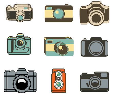 Set of photo cameras icons in different styles. Label design template. Vector illustration.のイラスト素材