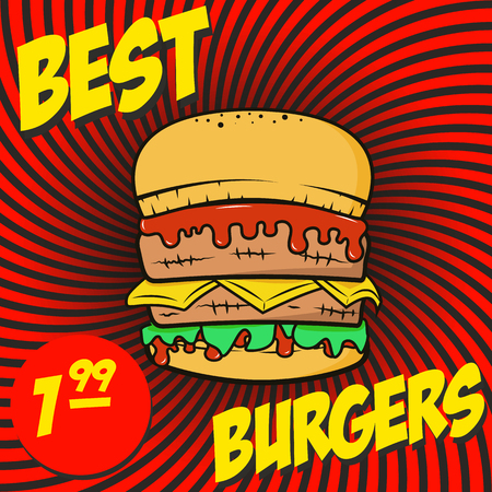 Poster Burger with price on sunburst background. Vector illustration.のイラスト素材
