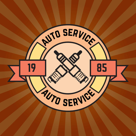 Auto service label on sunburst background. Vector illustration.のイラスト素材