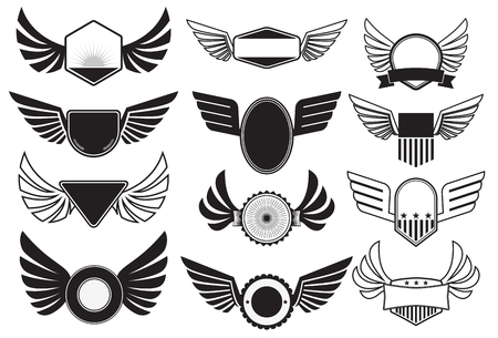 Set of emblems with wings. Retro emblems design template. Vector illustration.のイラスト素材