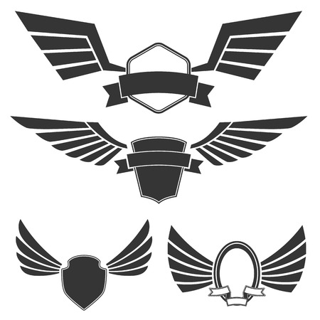Wings with banners set on white background. Heraldic wings. Element for logo,label and emblems design. Vector illustration.のイラスト素材