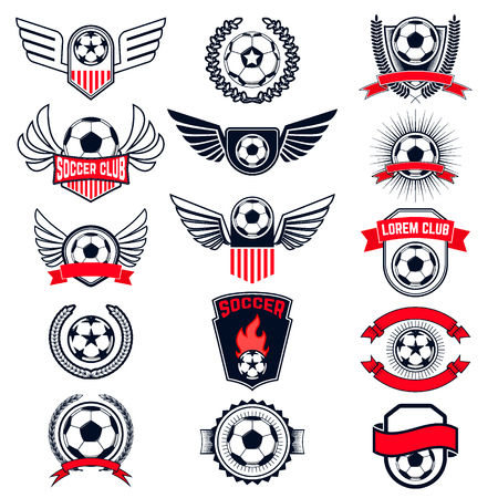 Set of Soccer logos, badges and design elements. Collection symbol of football: soccer ball, heraldry, insignia. Vector illustration.のイラスト素材