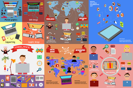 Set of freelancers, teamwork and social network infographics and illustrations in flat style.のイラスト素材