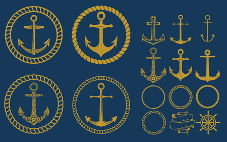 Set of nautical emblems and design elements in vintage style. Anchors labels set on blue background.のイラスト素材