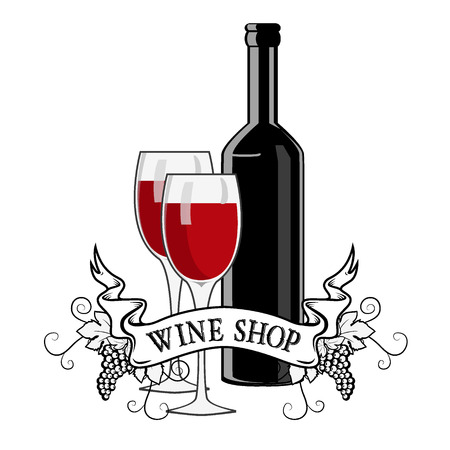 Wine shop label. Oak barrels, grapes, belted ribbon with the inscription "liquor store".のイラスト素材