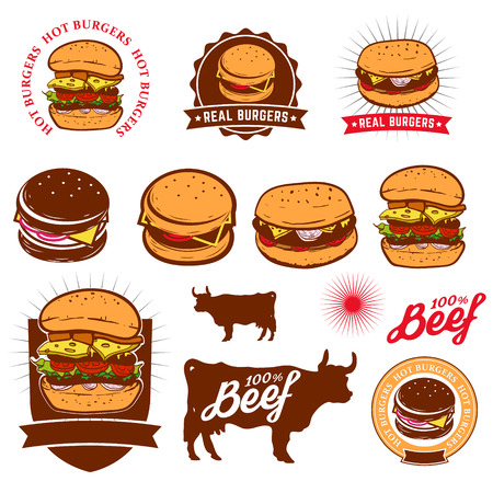 Set of  labels, stickers and  elements for fast food restaurant, cafe, hamburger and burger. illustration.のイラスト素材