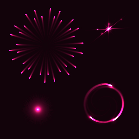 Set of different flares on blue background. Set of different glowing star flares and magic sparks.  Glowing star flares and magic sparks icons. Vector design element.のイラスト素材