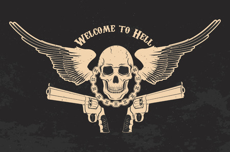 Welcome to Hell. Skull with  two revolvers on grunge background. T-shirt print template.のイラスト素材