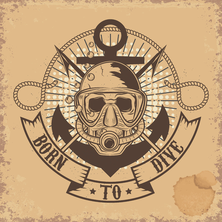 Born to Dive. Skull in dive mask on grunge background. T-shirt design emplate.のイラスト素材