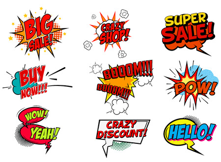 Set of pop art style phrases. Big Sale. Buy Now. Crazy Shop. Super Sale. Wow. Hello. Set of vector design elements.